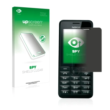 Face avant d’un emballage produit avec le logo de la marque upscreen. À côté, l’appareil Nokia 301 est représenté avec la prot