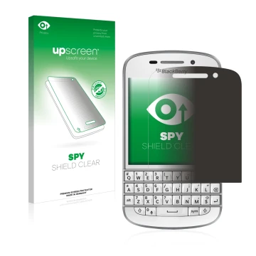 Face avant d’un emballage produit avec le logo de la marque upscreen. À côté, l’appareil BlackBerry Q10 est représenté avec la