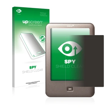 Face avant d’un emballage produit avec le logo de la marque upscreen. À côté, l’appareil Tolino Shine est représenté avec la p