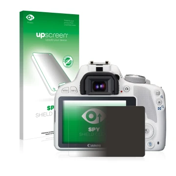Face avant d’un emballage produit avec le logo de la marque upscreen. À côté, l’appareil Canon EOS 100D est représenté avec la