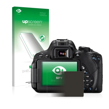 Face avant d’un emballage produit avec le logo de la marque upscreen. À côté, l’appareil Canon EOS 700D est représenté avec la