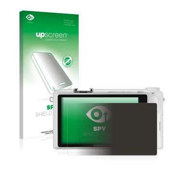 Face avant d’un emballage produit avec le logo de la marque upscreen. À côté, l’appareil Samsung NX2000 est représenté avec la