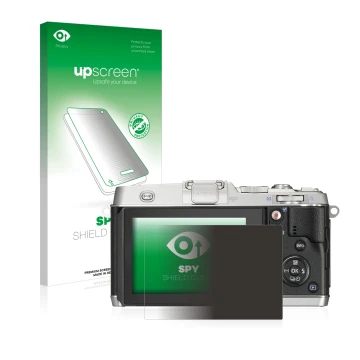 Face avant d’un emballage produit avec le logo de la marque upscreen. À côté, l’appareil Olympus PEN E-P5 est représenté avec 