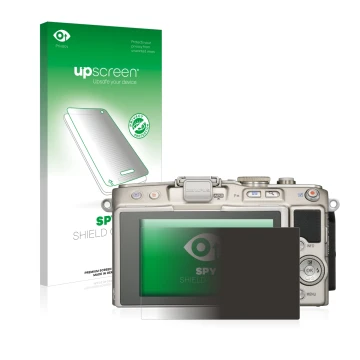 Face avant d’un emballage produit avec le logo de la marque upscreen. À côté, l’appareil Olympus PEN E-PL6 est représenté avec