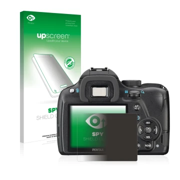 Face avant d’un emballage produit avec le logo de la marque upscreen. À côté, l’appareil Pentax K-50 est représenté avec la pr