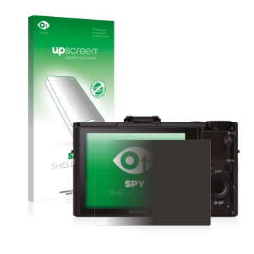Face avant d’un emballage produit avec le logo de la marque upscreen. À côté, l’appareil Sony Cyber-Shot DSC-RX100 II est repr