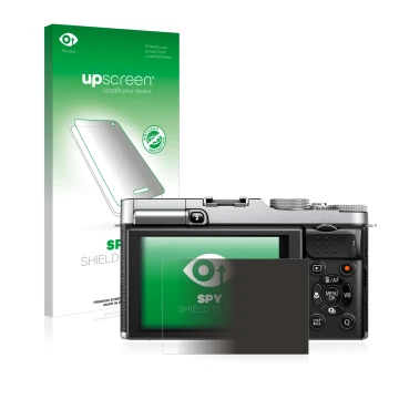 Face avant d’un emballage produit avec le logo de la marque upscreen. À côté, l’appareil Fujifilm X-M1 est représenté avec la 