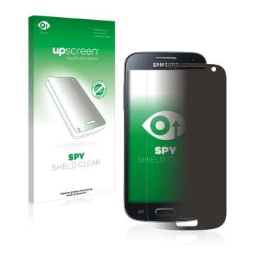 Face avant d’un emballage produit avec le logo de la marque upscreen. À côté, l’appareil Samsung Galaxy S4 Mini LTE (4G) I9195