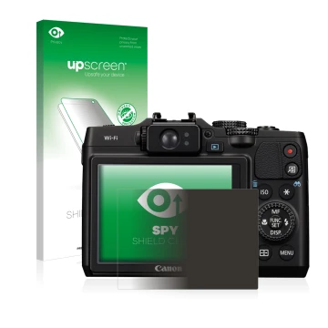 Face avant d’un emballage produit avec le logo de la marque upscreen. À côté, l’appareil Canon PowerShot G16 est représenté av