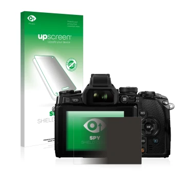 Face avant d’un emballage produit avec le logo de la marque upscreen. À côté, l’appareil Olympus OM-D E-M1 est représenté avec