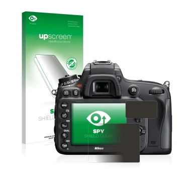 Face avant d’un emballage produit avec le logo de la marque upscreen. À côté, l’appareil Nikon D610 est représenté avec la pro