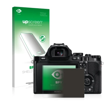 Face avant d’un emballage produit avec le logo de la marque upscreen. À côté, l’appareil Sony Alpha 7R (ILCE-7R) est représent