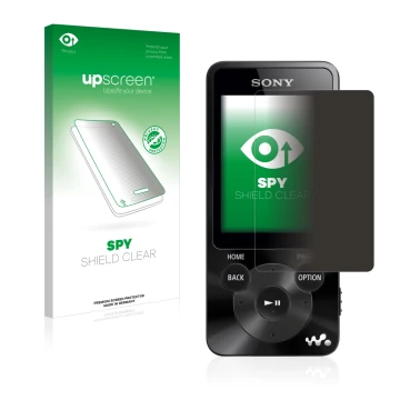 Face avant d’un emballage produit avec le logo de la marque upscreen. À côté, l’appareil Sony Walkman NWZ-E585 est représenté 