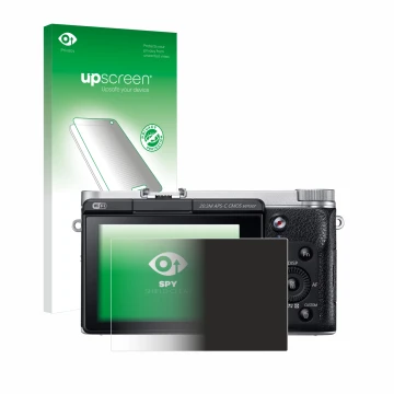 Face avant d’un emballage produit avec le logo de la marque upscreen. À côté, l’appareil Samsung NX300M est représenté avec la