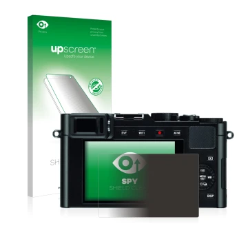 Face avant d’un emballage produit avec le logo de la marque upscreen. À côté, l’appareil Leica D-Lux (Typ 109) est représenté 