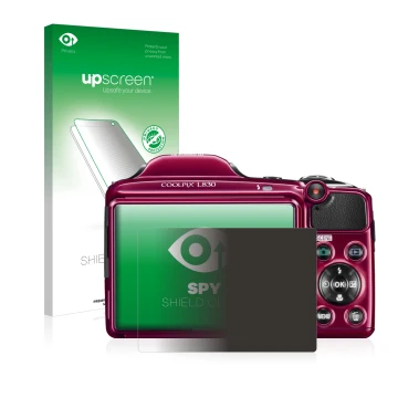 Face avant d’un emballage produit avec le logo de la marque upscreen. À côté, l’appareil Nikon Coolpix L830 est représenté ave