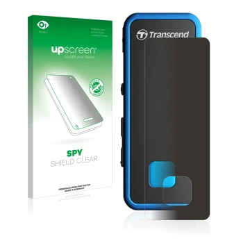 Face avant d’un emballage produit avec le logo de la marque upscreen. À côté, l’appareil Transcend MP350 est représenté avec l