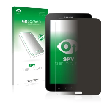 Face avant d’un emballage produit avec le logo de la marque upscreen. À côté, l’appareil Samsung Galaxy Tab 3 7.0 Lite est rep