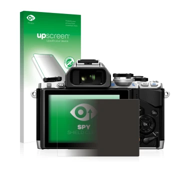 Face avant d’un emballage produit avec le logo de la marque upscreen. À côté, l’appareil Olympus OM-D E-M10 est représenté ave