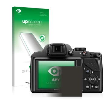Face avant d’un emballage produit avec le logo de la marque upscreen. À côté, l’appareil Nikon Coolpix P530 est représenté ave