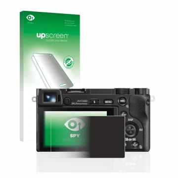 Face avant d’un emballage produit avec le logo de la marque upscreen. À côté, l’appareil Sony Alpha 6000 est représenté avec l