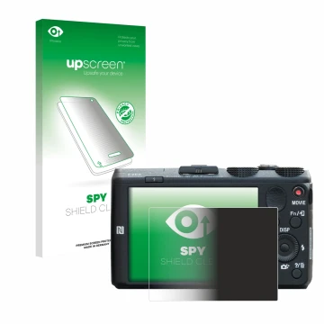 Face avant d’un emballage produit avec le logo de la marque upscreen. À côté, l’appareil Sony Cyber-Shot DSC-HX60 est représen