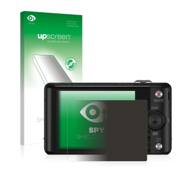 Face avant d’un emballage produit avec le logo de la marque upscreen. À côté, l’appareil Sony Cyber-Shot DSC-WX220 est représe