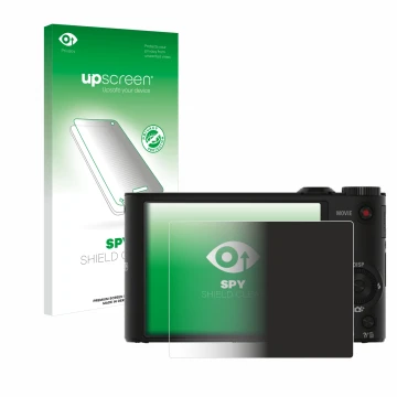 Face avant d’un emballage produit avec le logo de la marque upscreen. À côté, l’appareil Sony Cyber-Shot DSC-WX350 est représe