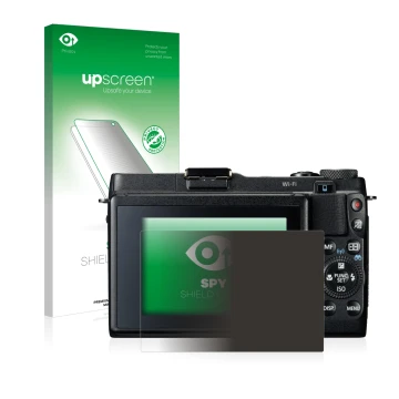 Face avant d’un emballage produit avec le logo de la marque upscreen. À côté, l’appareil Canon PowerShot G1 X Mark II est repr