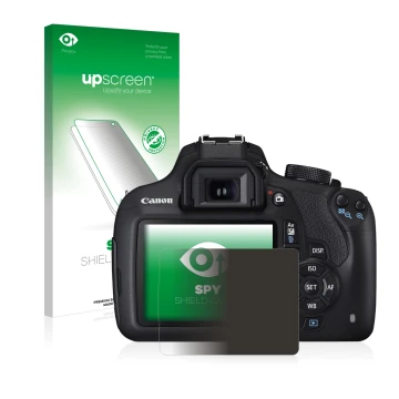 Face avant d’un emballage produit avec le logo de la marque upscreen. À côté, l’appareil Canon EOS 1200D est représenté avec l
