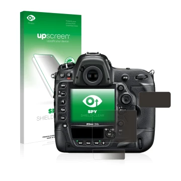 Face avant d’un emballage produit avec le logo de la marque upscreen. À côté, l’appareil Nikon D4S est représenté avec la prot