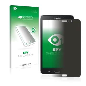 Face avant d’un emballage produit avec le logo de la marque upscreen. À côté, l’appareil Samsung Galaxy Tab Tab 4 7.0 LTE est 