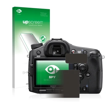 Face avant d’un emballage produit avec le logo de la marque upscreen. À côté, l’appareil Sony Alpha 77 II (SLT-A77 II) est rep
