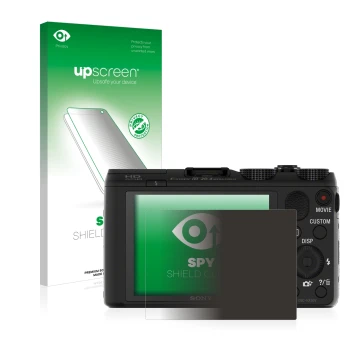 Face avant d’un emballage produit avec le logo de la marque upscreen. À côté, l’appareil Sony Cyber-Shot DSC-HX50 est représen