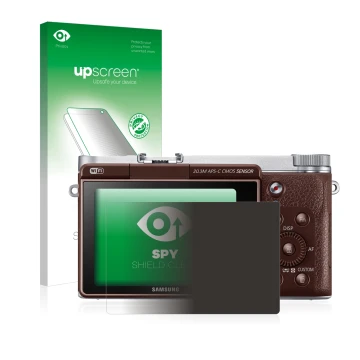 Face avant d’un emballage produit avec le logo de la marque upscreen. À côté, l’appareil Samsung NX3000 est représenté avec la