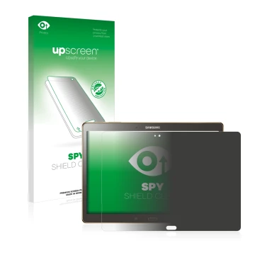 Face avant d’un emballage produit avec le logo de la marque upscreen. À côté, l’appareil Samsung Galaxy Tab S 10.5 SM-T800 est