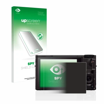 Face avant d’un emballage produit avec le logo de la marque upscreen. À côté, l’appareil Sony Cyber-Shot DSC-RX100 III est rep