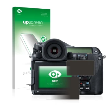 Face avant d’un emballage produit avec le logo de la marque upscreen. À côté, l’appareil Pentax 645Z est représenté avec la pr
