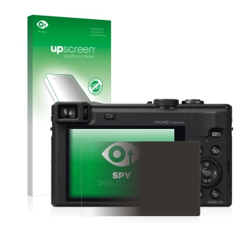 Face avant d’un emballage produit avec le logo de la marque upscreen. À côté, l’appareil Panasonic Lumix DMC-TZ60 est représen