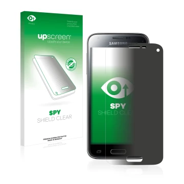 Face avant d’un emballage produit avec le logo de la marque upscreen. À côté, l’appareil Samsung Galaxy S5 Mini SM-G800 est re