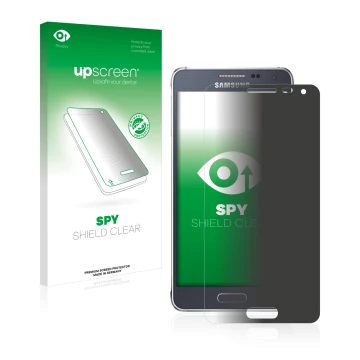 Face avant d’un emballage produit avec le logo de la marque upscreen. À côté, l’appareil Samsung Galaxy Alpha SM-G850F est rep