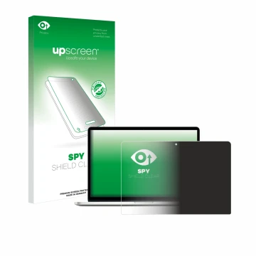 Face avant d’un emballage produit avec le logo de la marque upscreen. À côté, l’appareil Apple MacBook Pro Retina 13