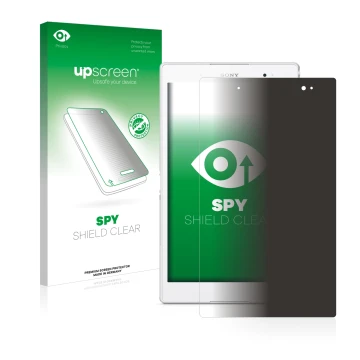 Face avant d’un emballage produit avec le logo de la marque upscreen. À côté, l’appareil Sony Xperia Z3 Tablet Compact SGP621 