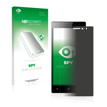 Face avant d’un emballage produit avec le logo de la marque upscreen. À côté, l’appareil Lenovo Vibe X2 est représenté avec la