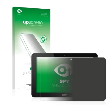Face avant d’un emballage produit avec le logo de la marque upscreen. À côté, l’appareil Acer Iconia Tab 10 A3-A20 est représe