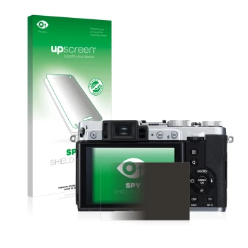 Face avant d’un emballage produit avec le logo de la marque upscreen. À côté, l’appareil Fujifilm X30 est représenté avec la p