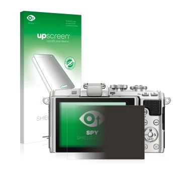 Face avant d’un emballage produit avec le logo de la marque upscreen. À côté, l’appareil Olympus PEN E-PL7 est représenté avec