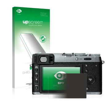 Face avant d’un emballage produit avec le logo de la marque upscreen. À côté, l’appareil Fujifilm X100T est représenté avec la