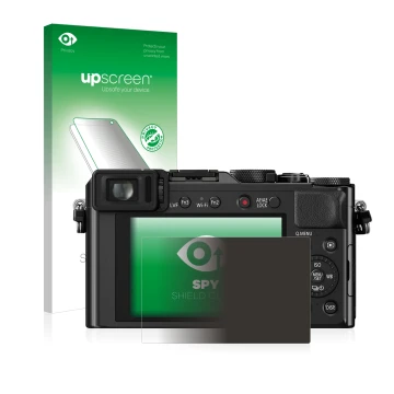 Face avant d’un emballage produit avec le logo de la marque upscreen. À côté, l’appareil Panasonic Lumix DMC-LX100 est représe
