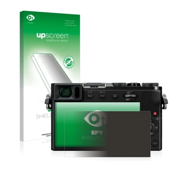 Face avant d’un emballage produit avec le logo de la marque upscreen. À côté, l’appareil Panasonic Lumix DMC-GM5 est représent